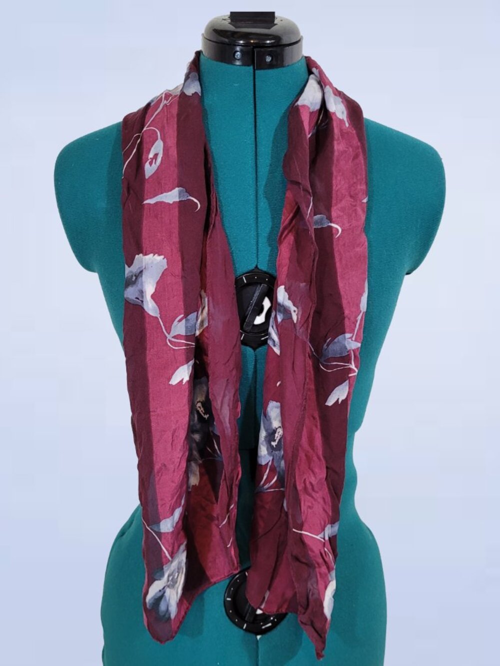 Luxury Bordeaux Red Silk Scarf - Elegant White Botanical Floral Print